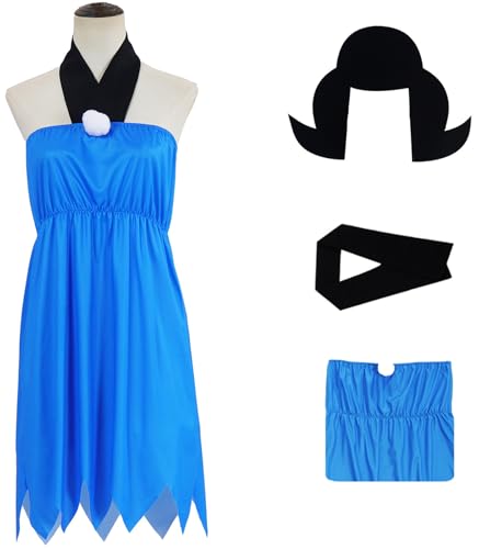 Kolegrial Betty Kostüm Damen Cosplay Modern Primitive Betty Blau Kleid mit Halskette Kopfbedeckung für Fancy Dress Up Karneval Halloween Party Maskenball Fest Verkleidung von Kolegrial