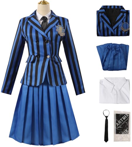 Kolegrial Damen Cosplay Nevermore Academy Kostüm Blau Schuluniformen Set Jacke Hemd Rock Krawatte Socken und Weste für Fancy Dress Up Karneval Halloween Party Geburtstag Maskenball Fest Verkleidung von Kolegrial