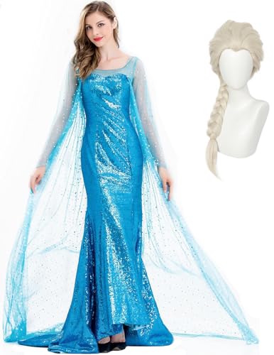 Kolegrial Damen ELSA Eiskönigin Kostüm, Bodenlang Pailletten Elsa Kleider mit Umhang und Perücken Weihnachten Karneval Halloween Party Fest Elsa Kostüm Verkleidung, Blau Kolegrial Damen ELSA Eiskönigin Kostüm, Bodenlang Pailletten Elsa Kleider mit Umhang und Perücken Weihnachten Karneval Halloween Party Fest Elsa Kostüm Verkleidung, Blau von Kolegrial