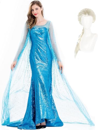 Kolegrial Damen ELSA Eiskönigin Kostüm, Bodenlang Pailletten Elsa Kleider mit Umhang und Perücken Weihnachten Karneval Halloween Party Fest Elsa Kostüm Verkleidung, Blau Kolegrial Damen ELSA Eiskönigin Kostüm, Bodenlang Pailletten Elsa Kleider mit Umhang und Perücken Weihnachten Karneval Halloween Party Fest Elsa Kostüm Verkleidung, Blau von Kolegrial