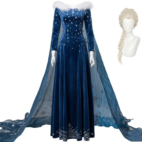 Kolegrial Damen ELSA Olaf Adventure Kostüm Bodenlang Samt ELSA Kleider mit Umhang und Perücken Weihnachten Karneval Halloween Geburtstag Party Fest ELSA Kostüm Verkleidung, Blau von Kolegrial