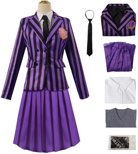 Kolegrial Damen Enid Sinclair Kostüm Fasching Cosplay Nevermore Academy Schuluniformen Set Jacke Hemd Rock Krawatte Socken und Weste für Karneval Halloween Party Maskenball Fest Verkleidung von Kolegrial