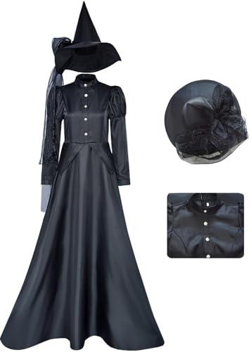 Kolegrial Elphaba Kostüm Damen Fasching Cosplay Wicked Hexe Elphaba Gothic Vintage Schwarz Langarm Abendkleid und Hut für Karneval Halloween Party Geburtstag Maskenball Fest Ballkleid Verkleidung von Kolegrial
