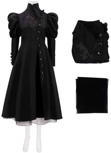 Kolegrial Elphaba Kostüm Damen Fasching Cosplay Wicked Hexe Elphaba Gothic Vintage Schwarz Langarm Kleid und Rock für Karneval Halloween Party Geburtstag Maskenball Fest Ballkleid Verkleidung von Kolegrial