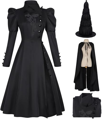 Kolegrial Elphaba Kostüm Damen Fasching Cosplay Wicked Hexe Elphaba Gothic Vintage Schwarz Umhang und Kleid mit Hexenhut für Karneval Halloween Party Maskenball Fest Ballkleid Verkleidung von Kolegrial
