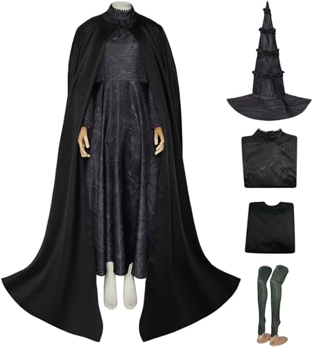 Kolegrial Elphaba Kostüm Damen Fasching Cosplay Wicked Hexe Elphaba Schwarz Gothic Vintage Set Umhang und Kleid Socken mit Hexenhut für Karneval Halloween Party Maskenball Fest Ballkleid Verkleidung von Kolegrial