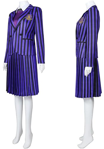 Kolegrial Enid Kostüm Damen Cosplay Nevermore Academy Streifen Schuluniformen Set Jacke Weste Hemd Rock Krawatte für Fancy Dress Up Karneval Halloween Party Geburtstag Maskenball Fest Verkleidung von Kolegrial
