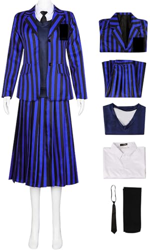 Kolegrial Enid Sinclair Kostüm Damen Fasching Cosplay Nevermore Academy Streifen Schuluniform Set Jacke Weste Hemd Rock Krawatte Socken für Karneval Halloween Party Maskenball Fest Verkleidung, Lila von Kolegrial