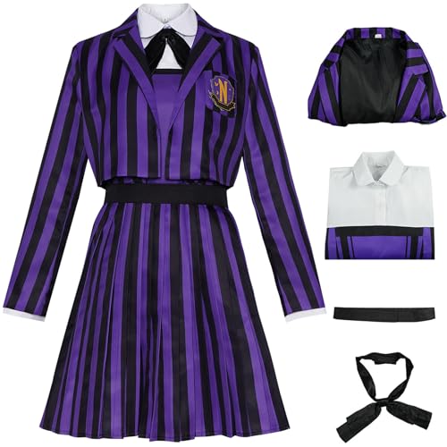 Kolegrial Enid Sinclair Kostüm Damen Fasching Cosplay Season 2 Nevermore Academy Enid Streifen Schuluniform Set Jacke Kleid Fliege Gürtel für Karneval Halloween Party Maskenball Fest Verkleidung, Lila von Kolegrial