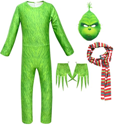 Kolegrial Erwachsene Grinch Kostüm Fasching Cosplay Christmas Grinch Langarm Druck Jumpsuit mit Maske Schal Handschuhe für Weihnachten Karneval Halloween Party Geburtstag Maskenball Fest Verkleidung von Kolegrial
