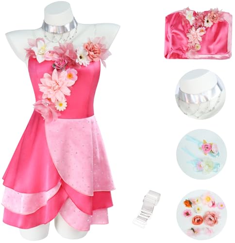 Kolegrial Flora Kostüm Damen Fasching Cosplay Magie Feen Flora Rosa Floral Abendkleider mit Zubehör Set für Weihnachten Karneval Halloween Party Geburtstag Hochzeit Maskerade Fest Verkleidung von Kolegrial