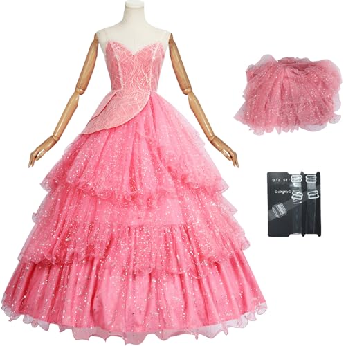 Kolegrial Glinda Kostüm Damen Fasching Cosplay Wicked Fee Glinda Rosa Deluxe Lange Pailletten Abendkleid für Weihnachten Karneval Halloween Party Geburtstag Maskenball Fest Ballkleid Verkleidung von Kolegrial