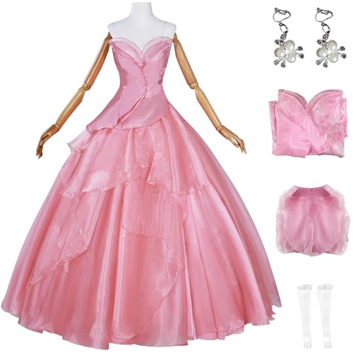Kolegrial Glinda Kostüm Damen Fasching Cosplay Wicked Fee Glinda Rosa Lange Abendkleid Set Top Rock Ohrringe für Weihnachten Karneval Halloween Party Geburtstag Maskenball Fest Ballkleid Verkleidung von Kolegrial