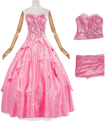Kolegrial Glinda Kostüm Damen Fasching Cosplay Wicked Fee Glinda Rosa Lange Abendkleid Set Top und Rock für Weihnachten Karneval Halloween Party Geburtstag Maskenball Fest Ballkleid Verkleidung von Kolegrial