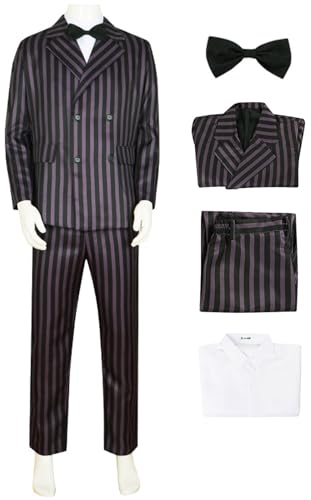 Kolegrial Gomez Kostüm Herren Fasching Cosplay Mittwoch Papa Gomez Gothic Vintage Streifen Smoking Set Jacke Hemd Hose Fliege für Karneval Halloween Party Maskenball Fest Verkleidung von Kolegrial
