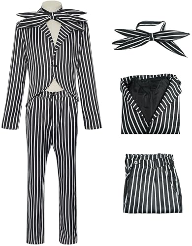 Kolegrial Jack Kostüm Damen Fasching Cosplay Christmas Eve Skelett Jack Bräutigam Gothic Vintage Streifen Smoking Set Jacke Hose Fliege für Karneval Halloween Party Maskenball Fest Verkleidung von Kolegrial
