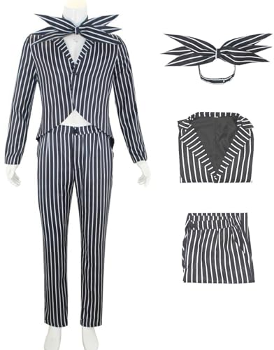 Kolegrial Jack Kostüm Herren Fasching Cosplay Christmas Eve Skelett Bräutigam Jack Gothic Vintage Streifen Smoking Set Jacke Hose Fliege für Karneval Halloween Party Maskenball Fest Verkleidung von Kolegrial