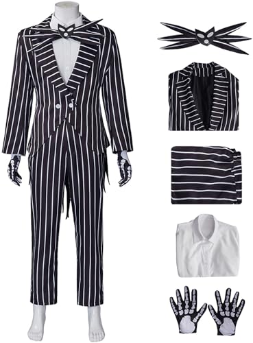 Kolegrial Jack Kostüm Herren Fasching Cosplay Christmas Eve Skelett Jack Gothic Vintage Streifen Smoking Set Jacke Hemd Hose Fliege Handschuhe für Karneval Halloween Party Maskenball Fest Verkleidung von Kolegrial