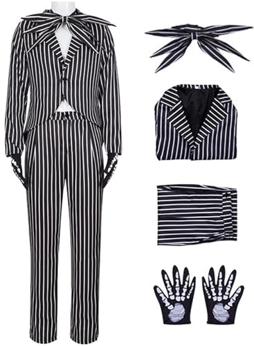 Kolegrial Jack Kostüm Herren Fasching Cosplay Christmas Eve Skelett Jack Gothic Vintage Streifen Smoking Set Jacke Hose Fliege Handschuhe für Karneval Halloween Party Maskenball Fest Verkleidung von Kolegrial