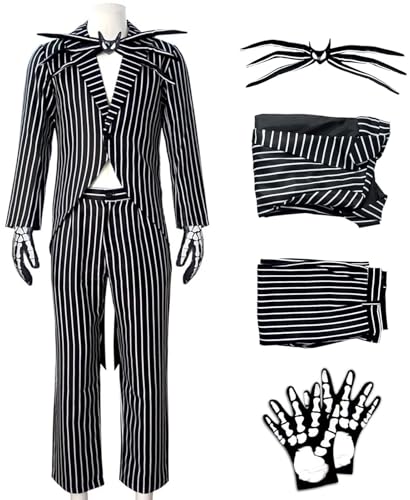 Kolegrial Jack Kostüm Herren Fasching Cosplay Christmas Skelett Bräutigam Jack Gothic Vintage Streifen Smoking Set Jacke Hose Fliege Handschuhe für Karneval Halloween Party Maskenball Fest Verkleidung von Kolegrial
