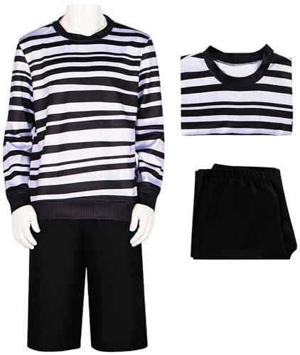 Kolegrial Jungen Pugsley Kostüm Fasching Cosplay Mittwoch Bruder Pugsley Gothic Vintage Streifen Top und Hose für Kinder Karneval Halloween Party Maskenball Fest Verkleidung von Kolegrial