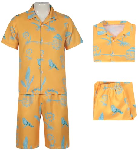 Kolegrial Ken Kostüm Herren Cosplay Rosa Männliche Puppe Ken Casual Strandbekleidung Gelb Drucke Hemd und Hose für Karneval Halloween Fest Hawaii Strand Urlaub Pool Party Verkleidung von Kolegrial