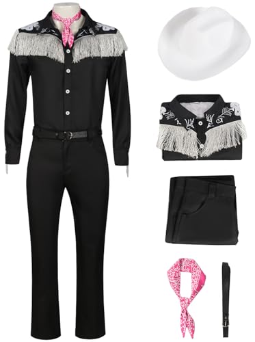 Kolegrial Ken Kostüm Herren Fasching Cosplay Ken Vintage Cowboys Outfit Jacke Hose Halstuch Gürtel mit Hut für Karneval Halloween Party Geburtstag Maskenball Fest Verkleidung, Schwarz von Kolegrial
