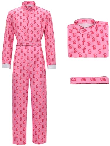 Kolegrial Ken Kostüm Herren Fasching Cosplay Ken Vintage Langarm Druck Bodysuit mit Gürtel für Karneval Halloween Party Geburtstag Maskenball Fest Verkleidung, Rosa von Kolegrial