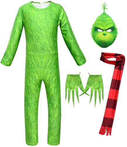 Kolegrial Kinder Grinch Kostüm Fasching Cosplay Christmas Grinch Langarm Druck Jumpsuit mit Maske Schal Handschuhe für Weihnachten Karneval Halloween Party Geburtstag Maskenball Fest Verkleidung von Kolegrial