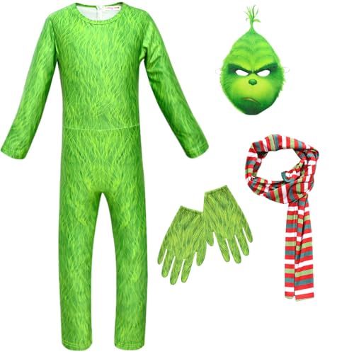 Kolegrial Kinder Grinch Kostüm Fasching Cosplay Christmas Grinch Langarm Druck Jumpsuit mit Maske Schal Handschuhe für Weihnachten Karneval Halloween Party Geburtstag Maskenball Fest Verkleidung von Kolegrial
