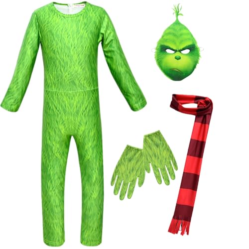 Kolegrial Kinder Grinch Kostüm Fasching Cosplay Christmas Grinch Langarm Druck Jumpsuit mit Maske Schal Handschuhe für Weihnachten Karneval Halloween Party Geburtstag Maskenball Fest Verkleidung von Kolegrial
