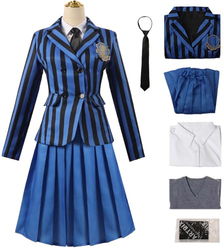 Kolegrial Mädchen Cosplay Nevermore Academy Kostüm Blau Schuluniformen Set Jacke Hemd Rock Krawatte Socken und Weste für Fancy Dress Up Karneval Halloween Party Geburtstag Maskenball Fest Verkleidung von Kolegrial