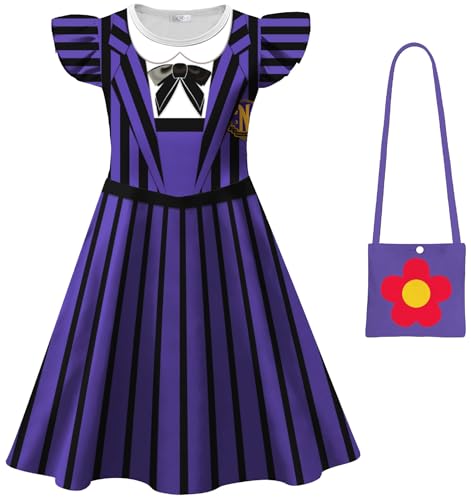 Kolegrial Mädchen Enid Sinclair Kostüm Fasching Cosplay Mittwoch 2 Enid Sinclair Lila Druck Ballerina Prinzessinnenkleid und Taschen für Karneval Halloween Party Fest Ballkleid Verkleidung, 3-8 Jahre von Kolegrial