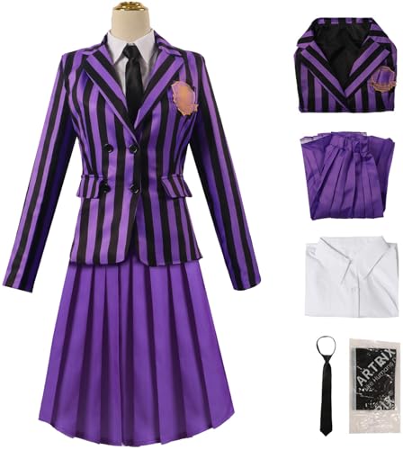 Kolegrial Mädchen Enid Sinclair Kostüm Fasching Cosplay Nevermore Academy Schuluniformen Set Jacke Hemd Rock Krawatte Socken und Weste für Karneval Halloween Party Maskenball Fest Verkleidung von Kolegrial