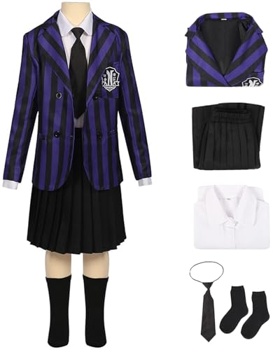 Kolegrial Mädchen Fasching Cosplay Nevermore Academy Kostüm Streifen Schuluniformen Jacke Rock Hemd Krawatte Socken für Fancy Dress Up Karneval Halloween Party Geburtstag Maskenball Fest Verkleidung von Kolegrial