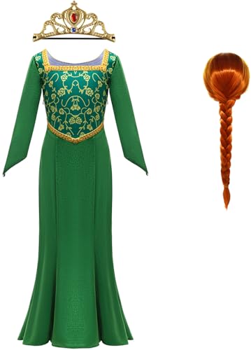 Kolegrial Mädchen Fiona Kostüm Fasching Cosplay Prinzessin Fiona Langarm Abendkleid mit Krone und Perücke Weihnachten Karneval Halloween Party Fest Geburtstag Maskenball Fest Verkleidung, 2-9 Jahre von Kolegrial