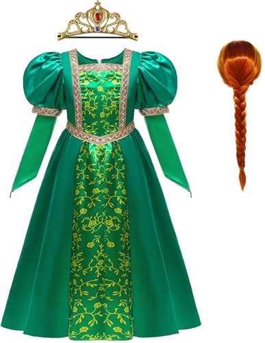 Kolegrial Mädchen Fiona Kostüm Fasching Cosplay Prinzessin Fiona Langarm Abendkleid mit Krone und Perücke Weihnachten Karneval Halloween Party Fest Geburtstag Maskenball Fest Verkleidung, 4-9 Jahre von Kolegrial