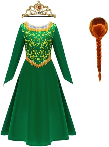 Kolegrial Mädchen Fiona Kostüm Fasching Cosplay Prinzessin Fiona Langarm Abendkleid mit Krone und Perücke Weihnachten Karneval Halloween Party Fest Geburtstag Maskenball Fest Verkleidung, 5-14 Jahre von Kolegrial