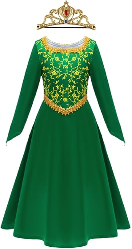 Kolegrial Mädchen Fiona Kostüm Fasching Cosplay Prinzessin Fiona Langarm Abendkleid mit Krone und Perücke Weihnachten Karneval Halloween Party Fest Geburtstag Maskenball Fest Verkleidung, 5-14 Jahre von Kolegrial