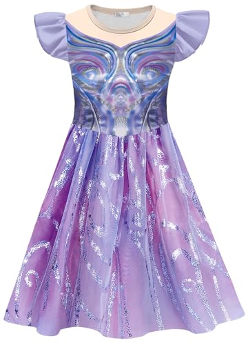 Kolegrial Mädchen Glinda Kostüm Fasching Cosplay Wicked Fee Glinda Lila Rüschenärmel Drucke Ballerina Kleid für Kinder Karneval Halloween Party Fest Ballkleid Verkleidung, 4-9 Jahre von Kolegrial