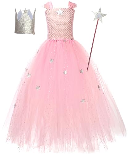 Kolegrial Mädchen Glinda Kostüm Fasching Cosplay Wicked Fee Glinda Rosa Lange Ballerina Tüll Kleider mit Krone Zauberstab für Karneval Halloween Party Fest Ballkleid Verkleidung, 2-10 Jahre von Kolegrial