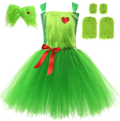 Kolegrial Mädchen Grinch Kostüm Fasching Cosplay Christmas Grinch Tutu Tüll Kleid mit Haarspange Ärmel Beinwickel für Weihnachten Karneval Halloween Party Maskenball Fest Verkleidung, 2-12 Jahre von Kolegrial