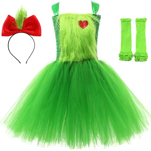 Kolegrial Mädchen Grinch Kostüm Fasching Cosplay Christmas Grinch Tutu Tüll Kleid mit Stirnband Socken für Weihnachten Karneval Halloween Party Geburtstag Maskenball Fest Verkleidung, 2-12 Jahre von Kolegrial