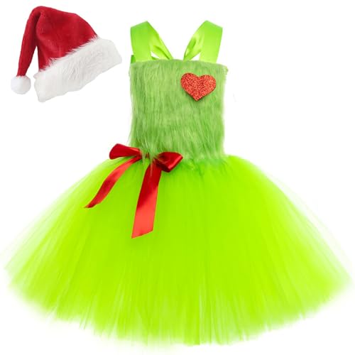 Kolegrial Mädchen Grinch Kostüm Fasching Cosplay Christmas Grinch Tutu Tüll Kleid mit Weihnachtsmützen für Weihnachten Karneval Halloween Party Geburtstag Maskenball Fest Verkleidung, 1-14 Jahre von Kolegrial