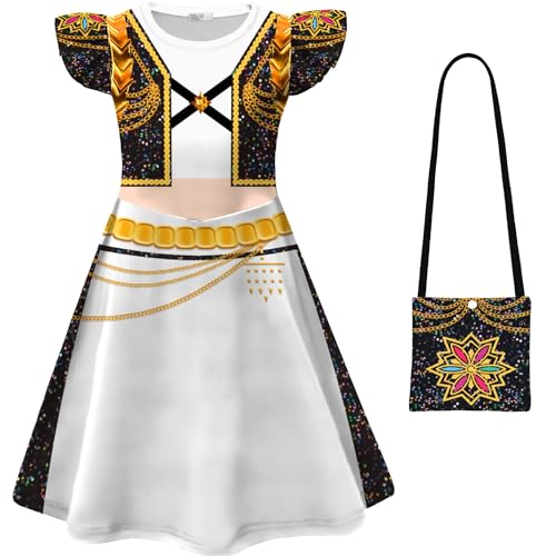 Kolegrial Mädchen Anime Dämon Jäger Kostüm Fasching Cosplay Anime Dämon Jäger Rumi Mira Zoey Dance Show Drucke Rüschenärmel Kleid und Tasche für Karneval Halloween Party Fest Verkleidung, 4-9 Jahre von Kolegrial