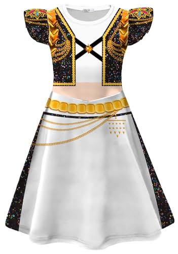 Kolegrial Mädchen Anime Dämon Jäger Kostüm Fasching Cosplay Anime Dämon Jäger Rumi Mira Zoey Dance Show Drucke Rüschenärmel Kleid und Tasche für Karneval Halloween Party Fest Verkleidung, 4-9 Jahre von Kolegrial