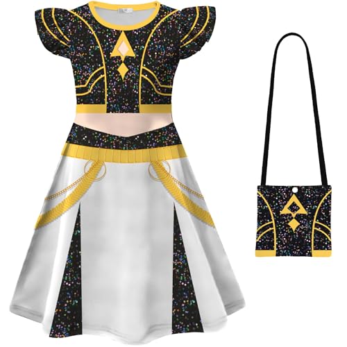 Kolegrial Mädchen Anime Dämon Jäger Kostüm Fasching Cosplay Anime Dämon Jäger Rumi Mira Zoey Dance Show Drucke Rüschenärmel Kleid und Tasche für Karneval Halloween Party Fest Verkleidung, 4-9 Jahre von Kolegrial