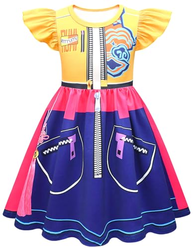 Kolegrial Mädchen Anime Dämon Jäger Kostüm Fasching Cosplay Anime Dämon Jäger Rumi Mira Zoey Drucke Rüschenärmel Kleid und Tasche für Kinder Karneval Halloween Party Fest Verkleidung, 3-12 Jahre von Kolegrial