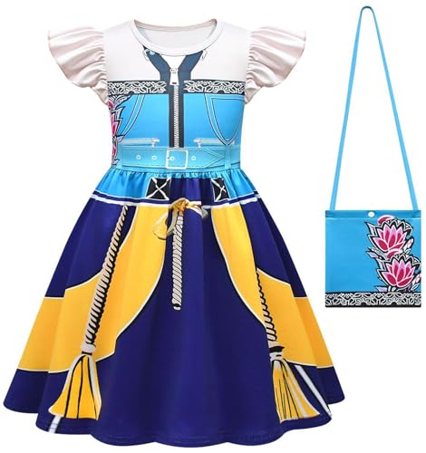 Kolegrial Mädchen Anime Dämon Jäger Kostüm Fasching Cosplay Anime Dämon Jäger Rumi Mira Zoey Drucke Rüschenärmel Kleid und Tasche für Kinder Karneval Halloween Party Fest Verkleidung, 3-12 Jahre von Kolegrial