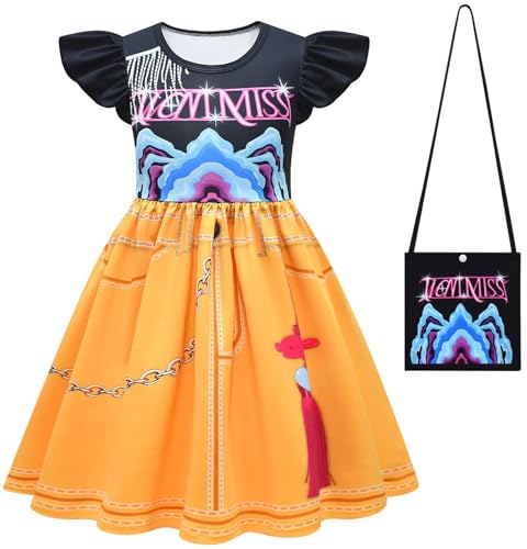 Kolegrial Mädchen Anime Dämon Jäger Kostüm Fasching Cosplay Anime Dämon Jäger Rumi Mira Zoey Drucke Rüschenärmel Kleid und Tasche für Kinder Karneval Halloween Party Fest Verkleidung, 3-12 Jahre von Kolegrial
